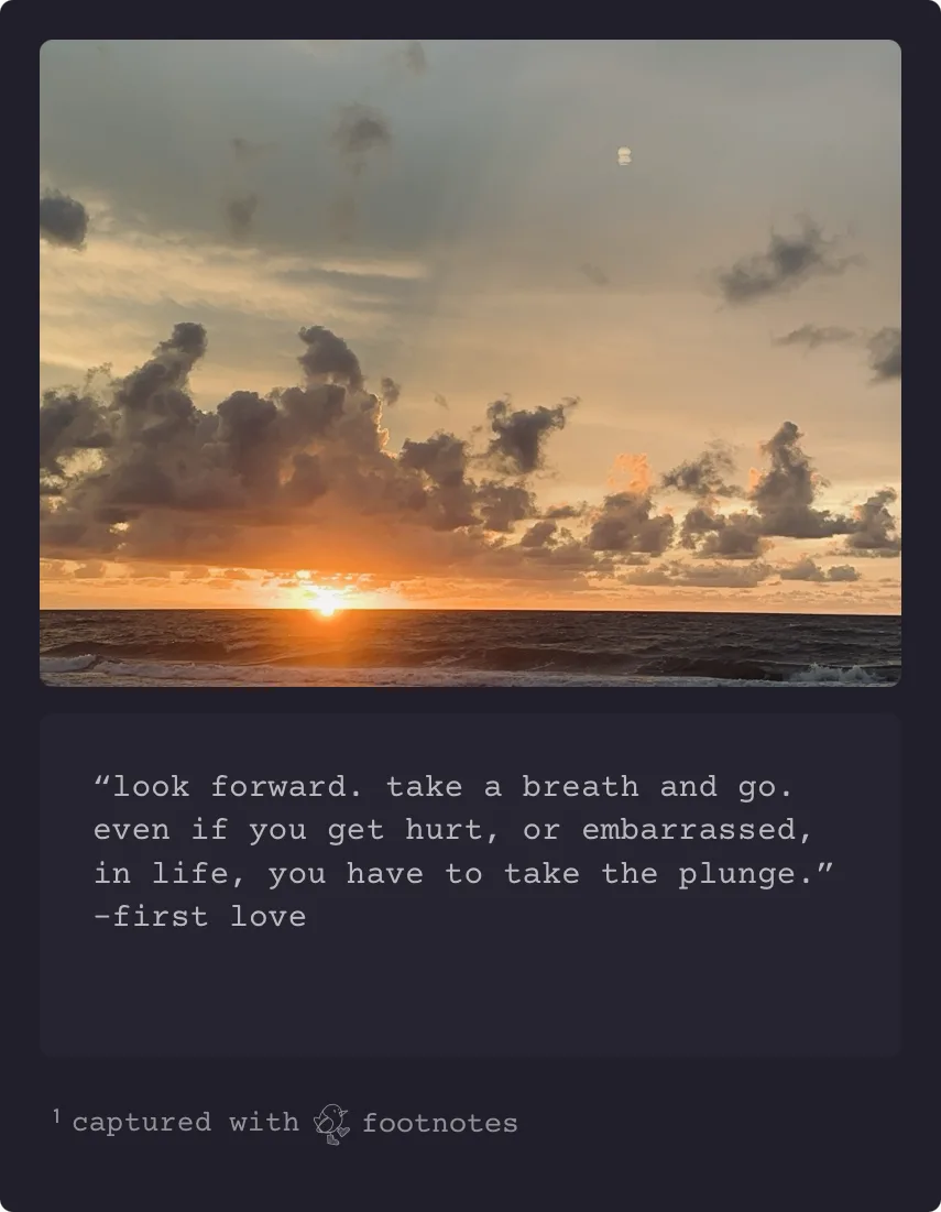 A shared note with a sunset over the ocean and words about taking the plunge.